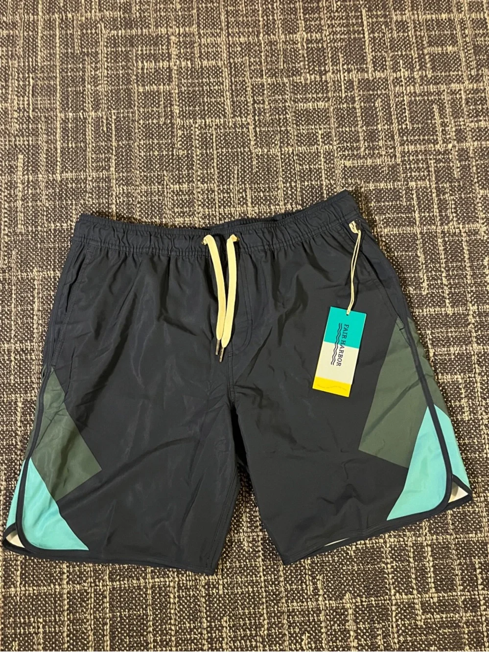 Fair Harbor Black Swim Trunks with Teal and Olive Panels